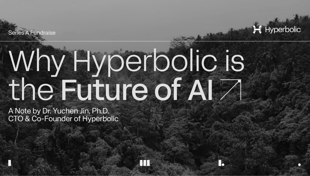 A grayscale image of a dense forest with text overlay. The text reads, "Series A Fundraise Hyperbolic. Why Hyperbolic is the Future of AI. A Note by Dr. Yuchen Jin, Ph.D., CTO & Co-Founder of Hyperbolic.