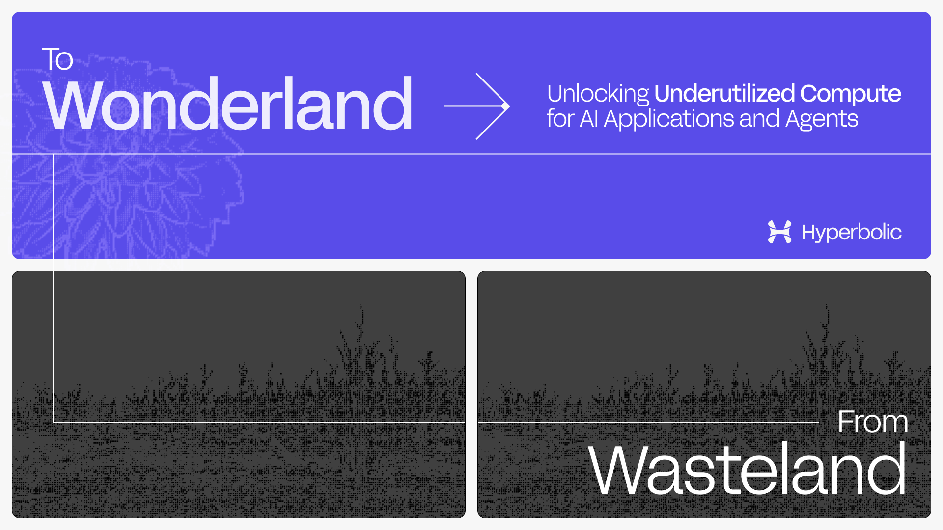 A graphic titled "To Wonderland" with a purple background and floral design. It reads "Unlocking Underutilized Compute for AI Applications and Agents," with "Hyperbolic" logo. Below, "From Wasteland" with blurred graphics on a gray background.